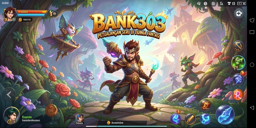 Tampilan gameplay <strong>BANK303</strong> dengan karakter menjelajah dunia fantasi.