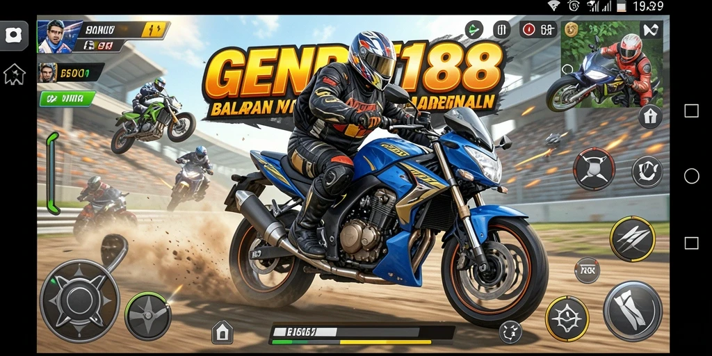 Screenshot gameplay GENDUT188 menunjukkan balapan motor yang mendebarkan.