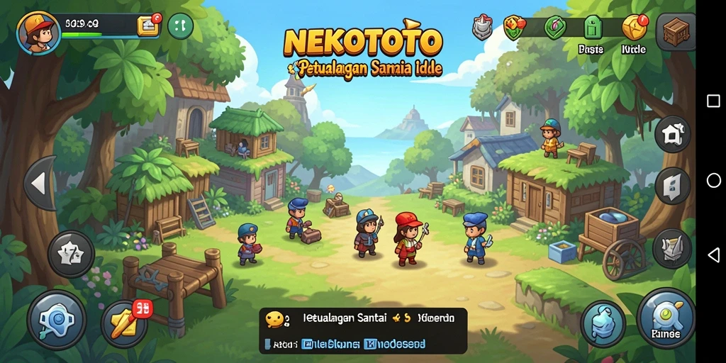 Screenshot gameplay NEKOTOTO menampilkan aksi karakter yang sedang mengumpulkan sumber daya secara otomatis.