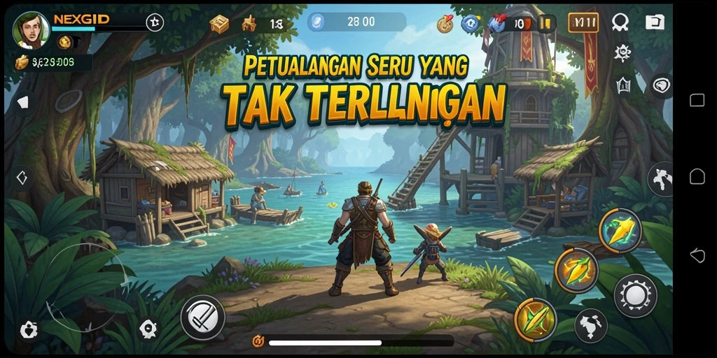 Tangkapan layar utama NEXGID menampilkan gameplay seru dan penuh aksi petualangan.
