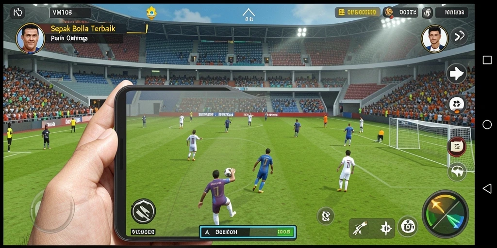 Screenshot menunjukkan aksi seru dari pertandingan sepak bola dalam VM108.